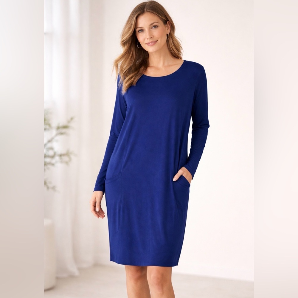 NEW! Eileen Fisher Tunic Shift Dress Pockets Stretchy Deep Purple SZ S